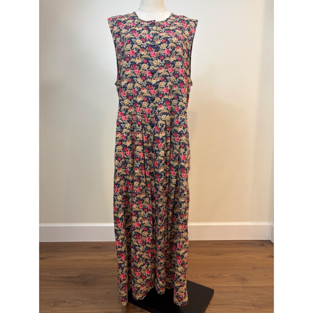 Vtg 90s Laura Ashley Jumper Dress Women 12 Navy Floral Maxi Pocket soft grunge